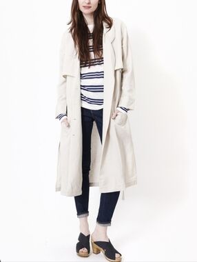 First Rite Erin Trench Coat in Khaki Linen Rayon Blend Lightweight Tie Waist